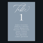 Cartão de Mesa para assentos azuis empoeirado Eleg<br><div class="desc">"mesa" elegante de caligrafia branca,  com nomes de hóspedes listados e número da mesa,  cartão de número da mesa de casamento em azul tendencioso e empoeirado.</div>