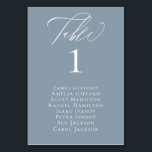 Cartão de Mesa para assentos azuis empoeirado Eleg<br><div class="desc">"mesa" elegante de caligrafia branca,  com nomes de hóspedes listados e número da mesa,  cartão de número da mesa de casamento em azul tendencioso e empoeirado.</div>