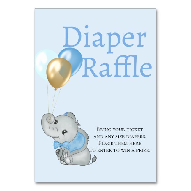 Cartão de mesa para rifa de fraldas Blue Elephant (Frente)