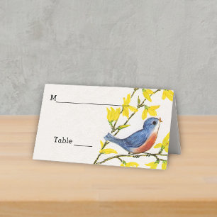 Cartão De Mesa Pássaro Vermelho Azul Bonito na Ramificação Flores