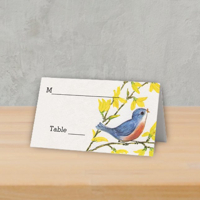Cartão De Mesa Pássaro Vermelho Azul Bonito na Ramificação Flores (Little red blue bird singing on branch yellow flowers on white table place card.)