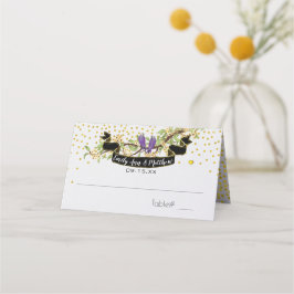 Cartão De Mesa Pássaros Amarelos Roxos de Confetti Dourado Ultra