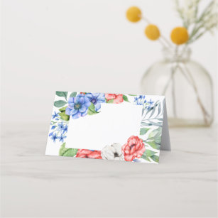 Cartão De Mesa Patriótico Floral Vermelho Branco e Azul
