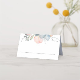 Cartão De Mesa Peach Watercolor Blossoms Dusty Blue Weds