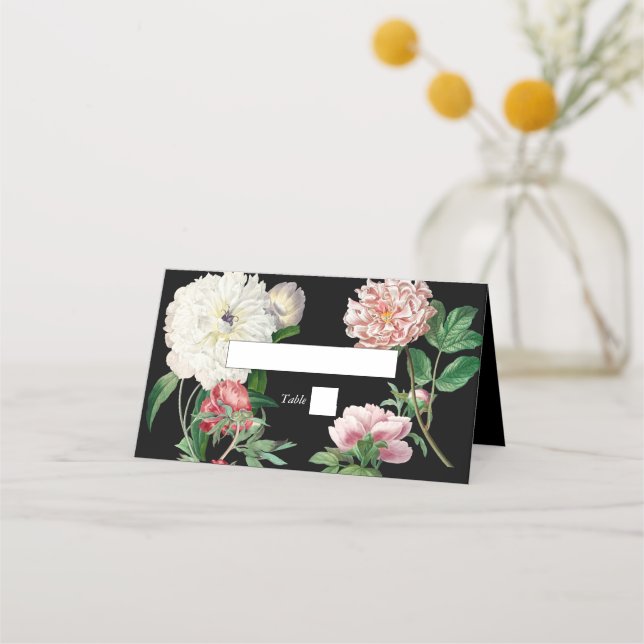 Cartão De Mesa Pêonias Cor-de-Água Flores Negras (Frente)