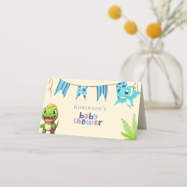 Cartão De Mesa Pequeno Chá de fraldas Dino Bonito (Verso)