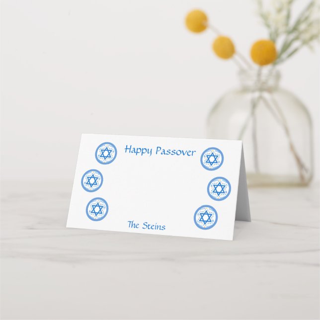 Cartão De Mesa PESSACH Estrela Azul de Davi NOME Branco  (Frente)