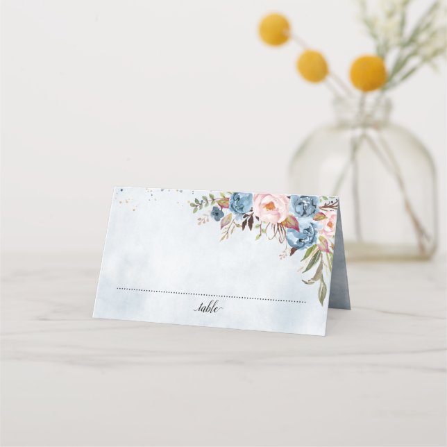 Cartão De Mesa Pêssego Azul Pêssego Blush Casamento Floral Botâni (Frente)