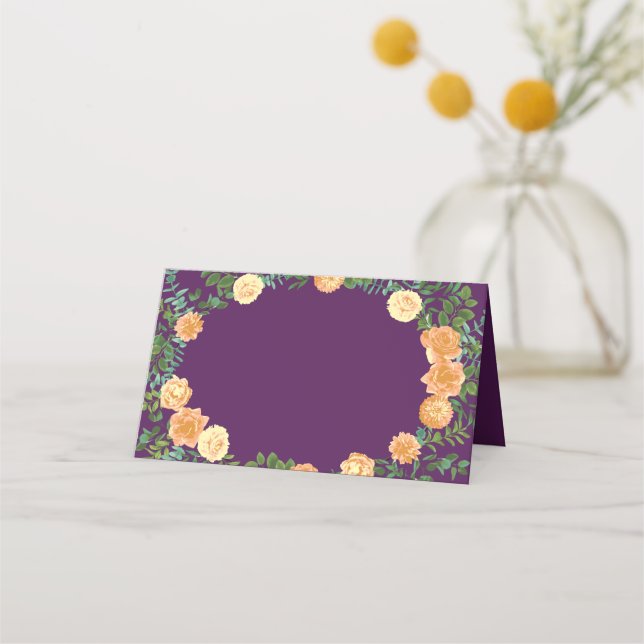 Cartão De Mesa Pêssego Roxo Pênico e Casamento Floral Rosa (Frente)