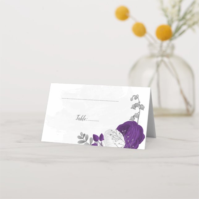 Cartão De Mesa pla de casamento botânico roxo e flores brancas (Frente)