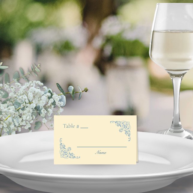 Cartão De Mesa Placa Colocar Número de Tabela de Vazio Chic Amare (butter yellow and dusty blue fillable blank wedding table place cards for elegant romantic events)