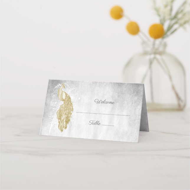 Cartão De Mesa Placa de Local de Recepção de Peacock Dourada (Frente)