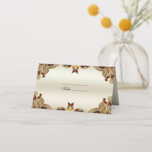 Cartão De Mesa Placa de Local do ouro Flor Vermelho Gemstone (Frente)