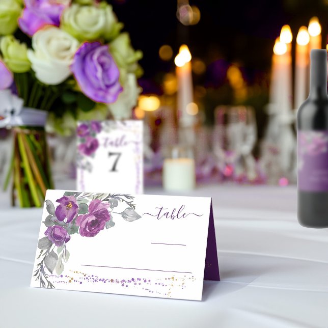 Cartão De Mesa Placa de Local Dobrada Floral e Script Roxo (Purple floral wedding table card from my Plush Purple Wedding Collection )