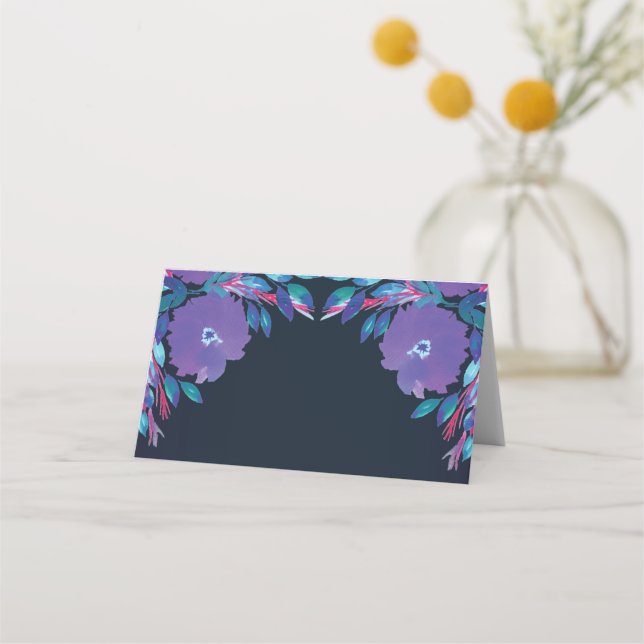 Cartão De Mesa Placa de lugar pintada com flores roxas (Frente)