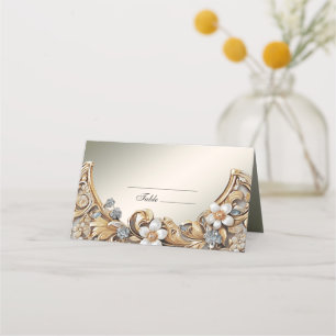 Cartão De Mesa Placa Dourada decorativa Floral Branco