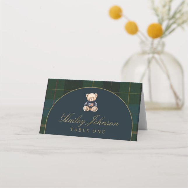 Cartão De Mesa Place Card Classic Dark Green + Blue Plaid  (Frente)