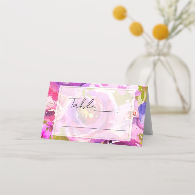 Cartão De Mesa Pops de Rosa e Roxo Vibrante Nome de Casamento Flo (Frente)