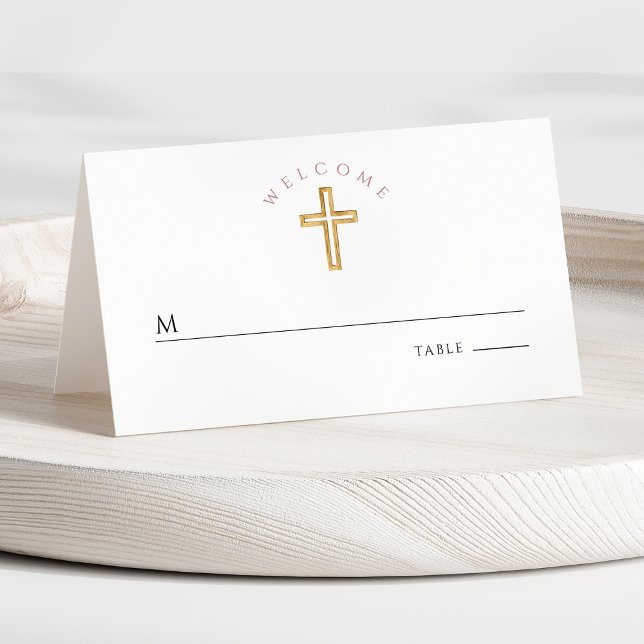 Cartão De Mesa Primeira Comunhão de Rapariga Rosa Moderna (Front - Modern Floral Cross Girl First Communion Place Card)