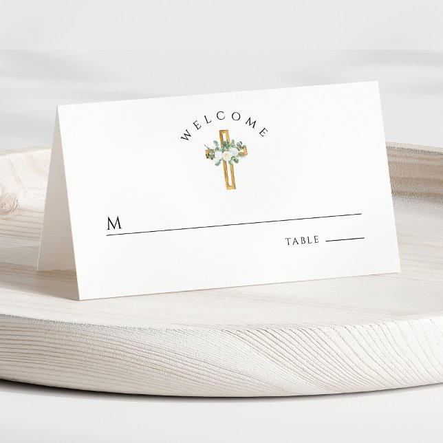 Cartão De Mesa Primeira Comunhão do Floral Branco Elegante (Front - Elegant White Floral First Communion Place Card)