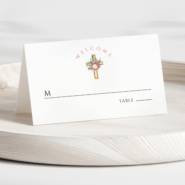 Cartão De Mesa Primeira Comunhão Religiosa Cruzada Religiosa Eleg (Front - Elegant Religious Cross Floral First Communion Place Card)