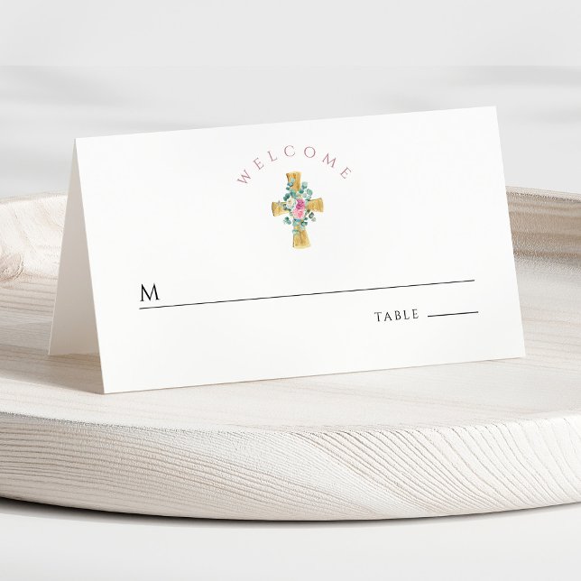 Cartão De Mesa Primeira Comunhão Rosa Floral (Front - Pink Floral Cross First Communion Place Card)