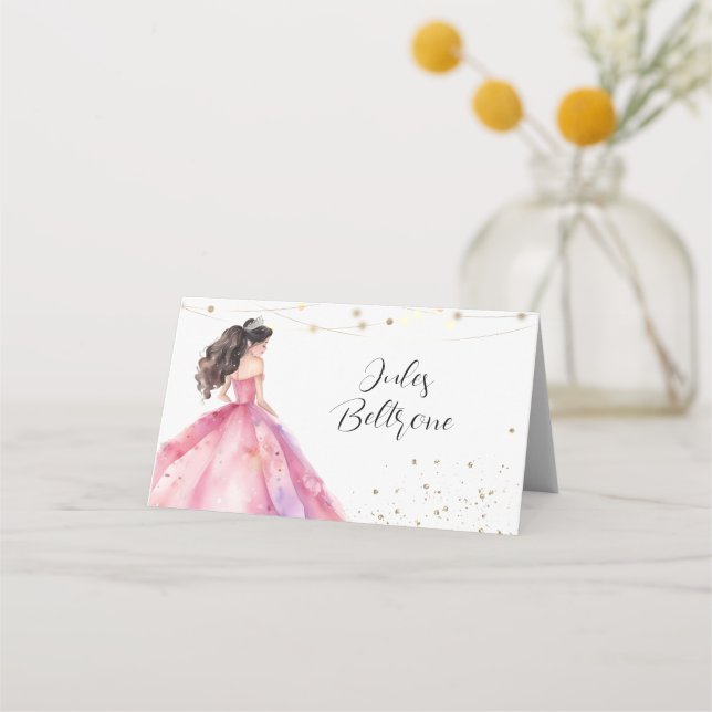 Cartão De Mesa Princesa de Ouro Rosa Quinceañera (Frente)