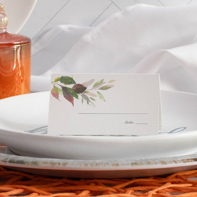 Cartão De Mesa Pumpkin branco e Folhagem de Casamento de Marsala (Thanksgiving place cards fall leaves )