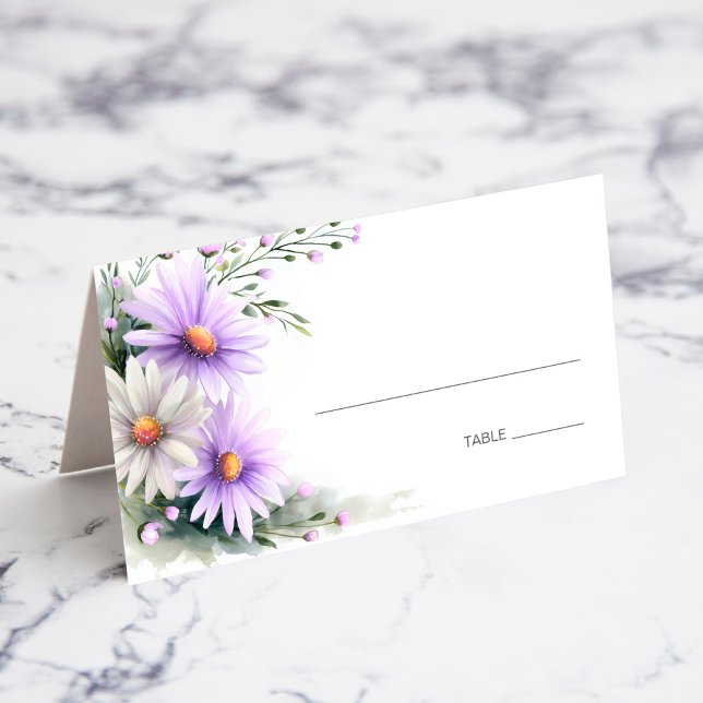 Cartão De Mesa Purple and White Daisies Wedding Place Card (Criador carregado)