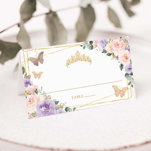 Cartão De Mesa Purple Lilac Blush Floral Quinceañera XV Aniversár