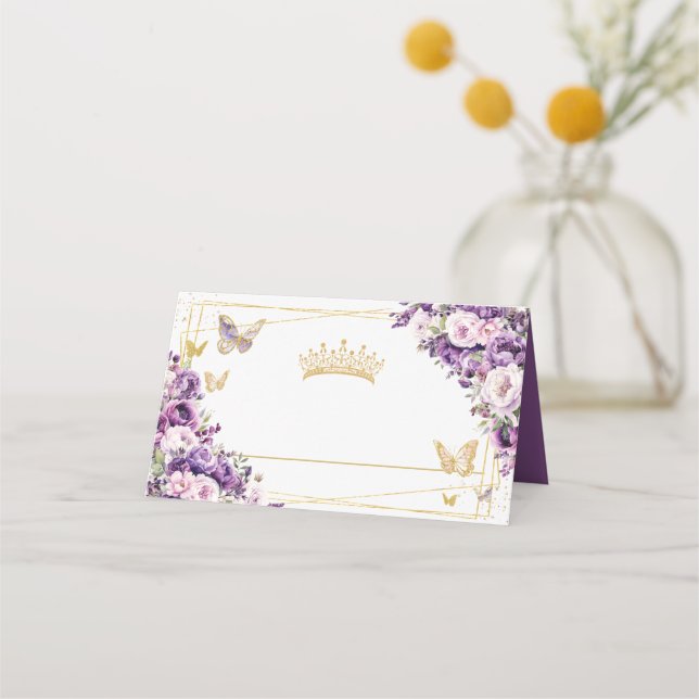 Cartão De Mesa Purple Lilac Floral Gold Butterflies Quinceañera  (Frente)