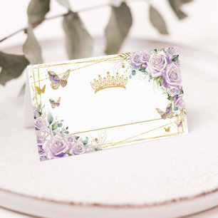 Cartão De Mesa Púrpura Lilac Borboletas Douradas Florais Quinceañ