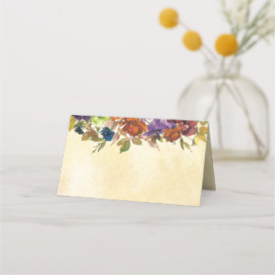 Cartão De Mesa Queda Floral Púrpura Queimada Laranja Amarelo Plac