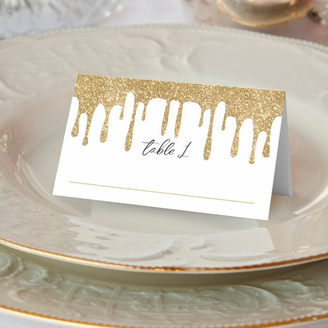 Cartão De Mesa Recepção de casamento branca e Dourada de Drives d (White & Gold Glitter Drip Wedding Reception Place Card)