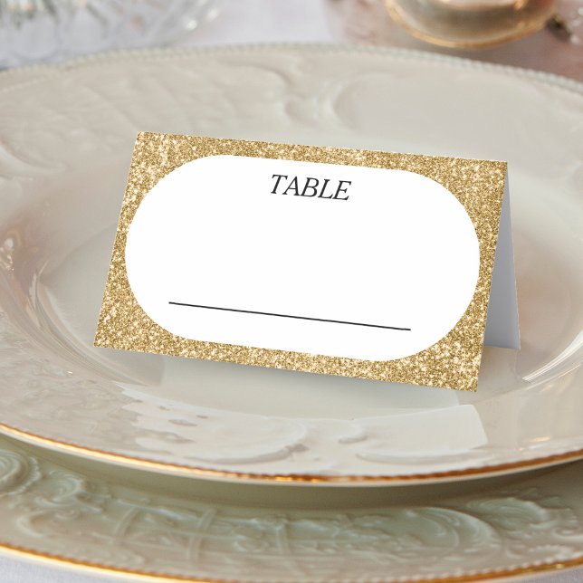 Cartão De Mesa Recepção de casamento Oval Branco e Dourada (White & Gold Glitter Oval Wedding Reception Place Card)