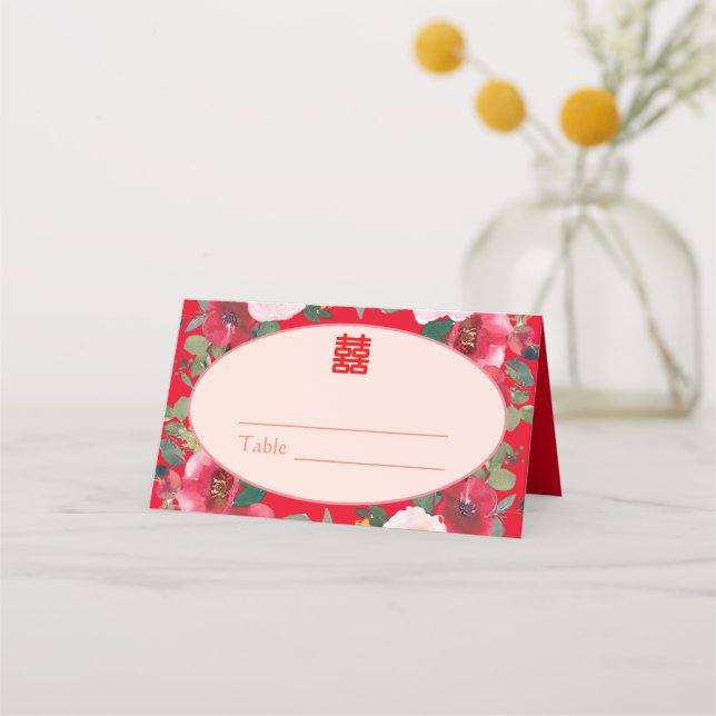 Cartão De Mesa Recepção de casamento vermelha floral chinesa (Frente)