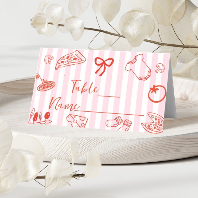 Cartão De Mesa Red & Pink Hand Drawn Pizza Baby Shower Place Card (Red and Pink Hand Drawn Pizza Place card)