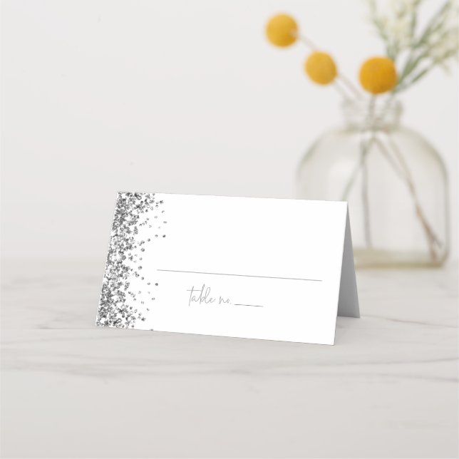 Cartão De Mesa REGINA Silver Glitter Sequins Casamento Nome de Co (Frente)