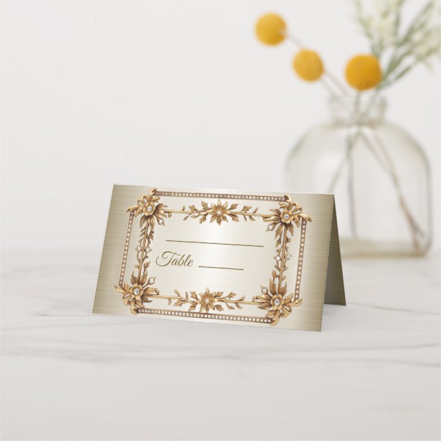 Cartão De Mesa Retângulo de Ornamentado Dourado de Casamento Flor (Frente)