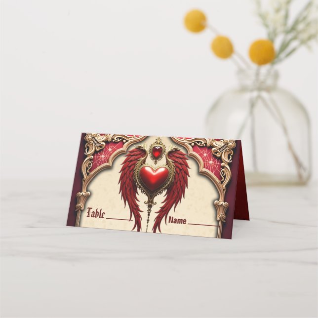 Cartão De Mesa Romance venenoso com coração e asas. (Frente)