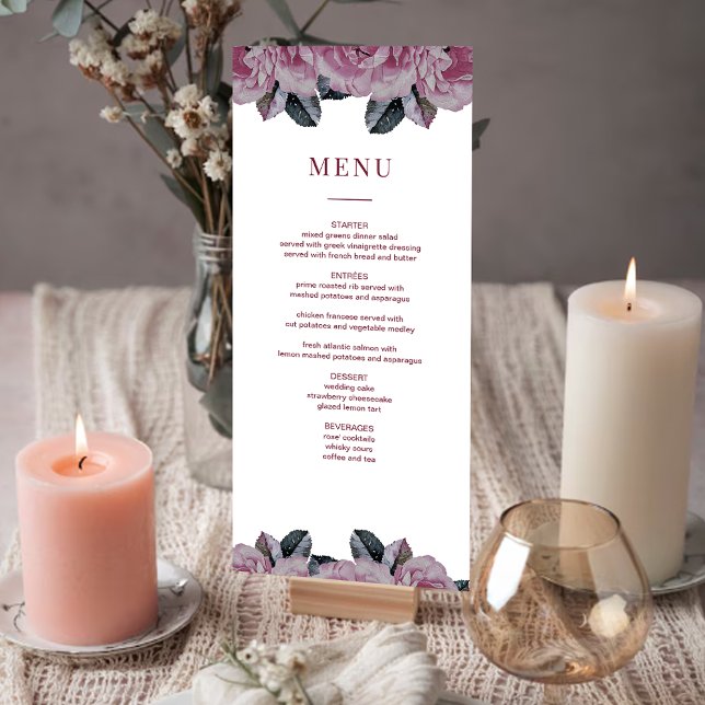 Cartão de Mesa Romântico Floral Floral de Casament (Elegant Romantic Floral Wedding Table Menu Card)