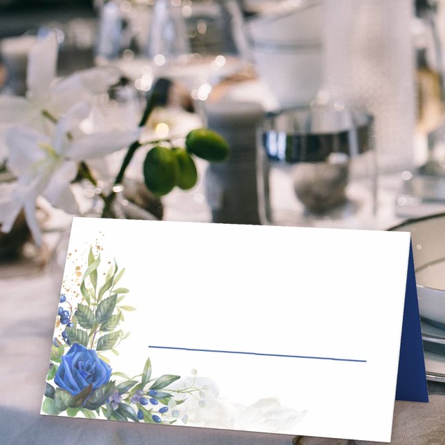 Cartão De Mesa Rosa Azul Real e Folhas de Eucalipto (Place Cards with blue rose floral arrangement and space to write your guest's name)