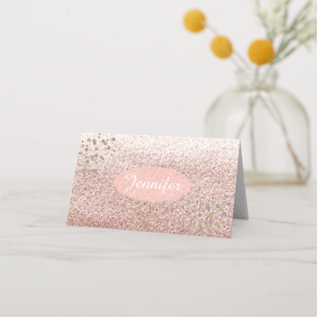 Cartão De Mesa Rosa Dourado Faux Glitter Name Place Holer (Frente)