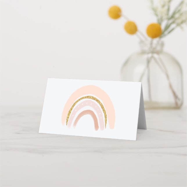 Cartão De Mesa Rosa Pastel e Arco-íris Boho com Brilho Falso (Frente)