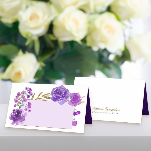 Cartão De Mesa Rosa roxo e Placa de Nome Folha Dourada (Purple floral place cards from my Rose and Gold Leaf quinceanera collection)
