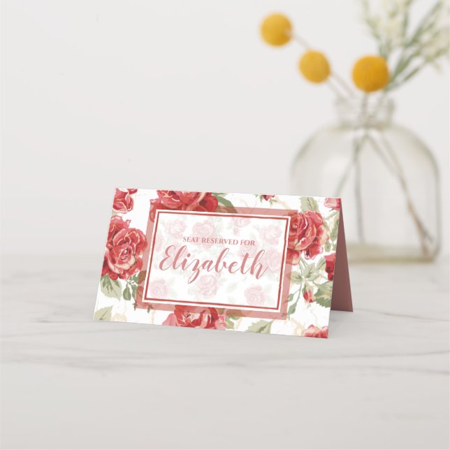 Cartão De Mesa Rosa vermelha e impressão clássico branco (Frente)