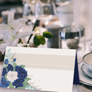 Cartão De Mesa Rosas Azul Real e Marfim com Painel de Nome