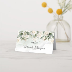 Cartão De Mesa Rosas brancas românticas Eucalyptus Greenerescênci