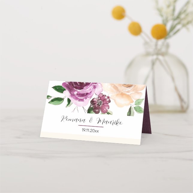 Cartão De Mesa Rosas de Aquarela de Pêssego Roxo Elegante (Frente)
