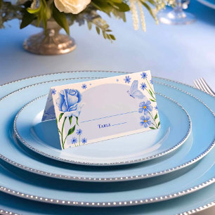 Cartão De Mesa Rosas Florais Azuis Claros e Borboleta Quinceañera